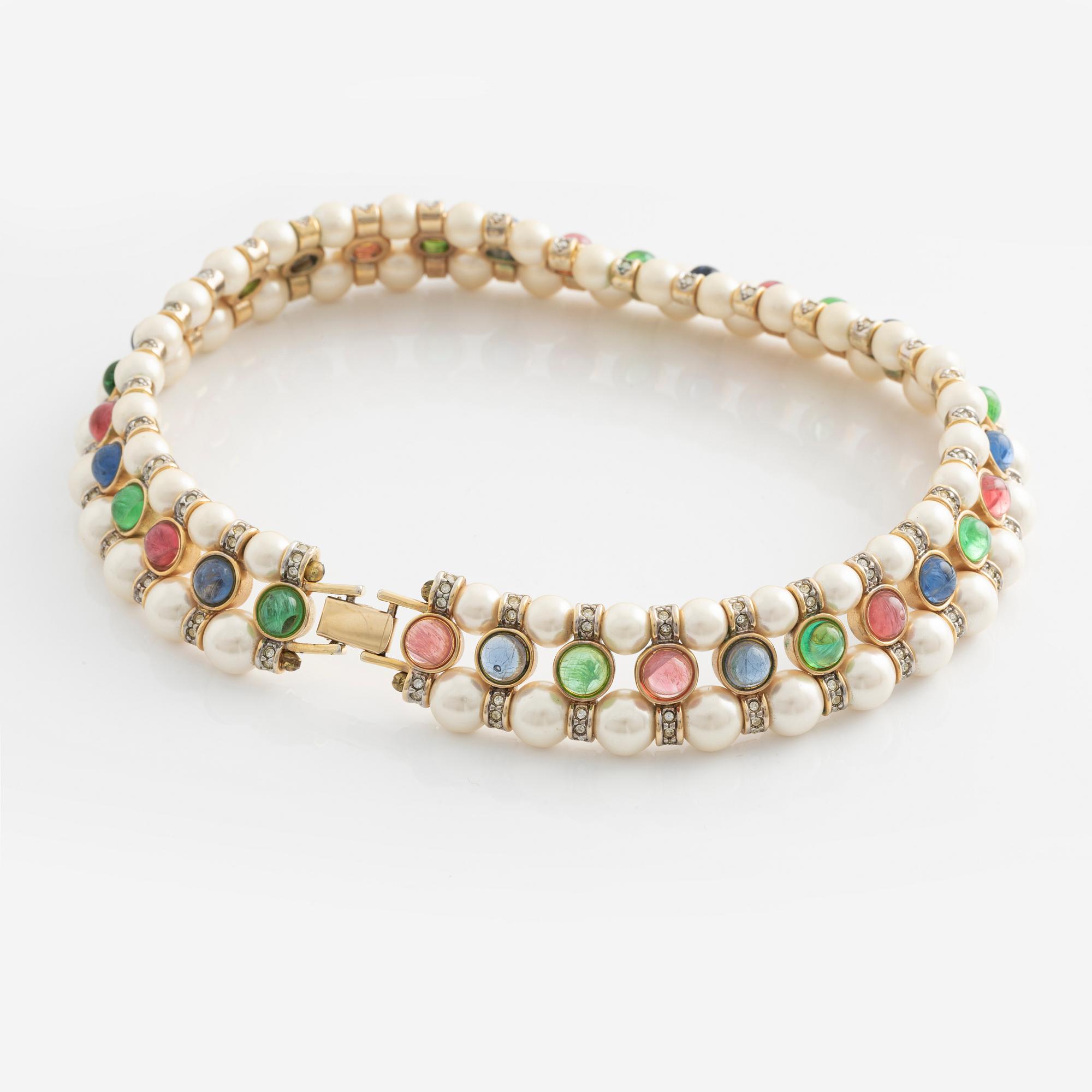A necklace in yellow metal with imitation pearls and colored and white stones, Ultima Edizione.