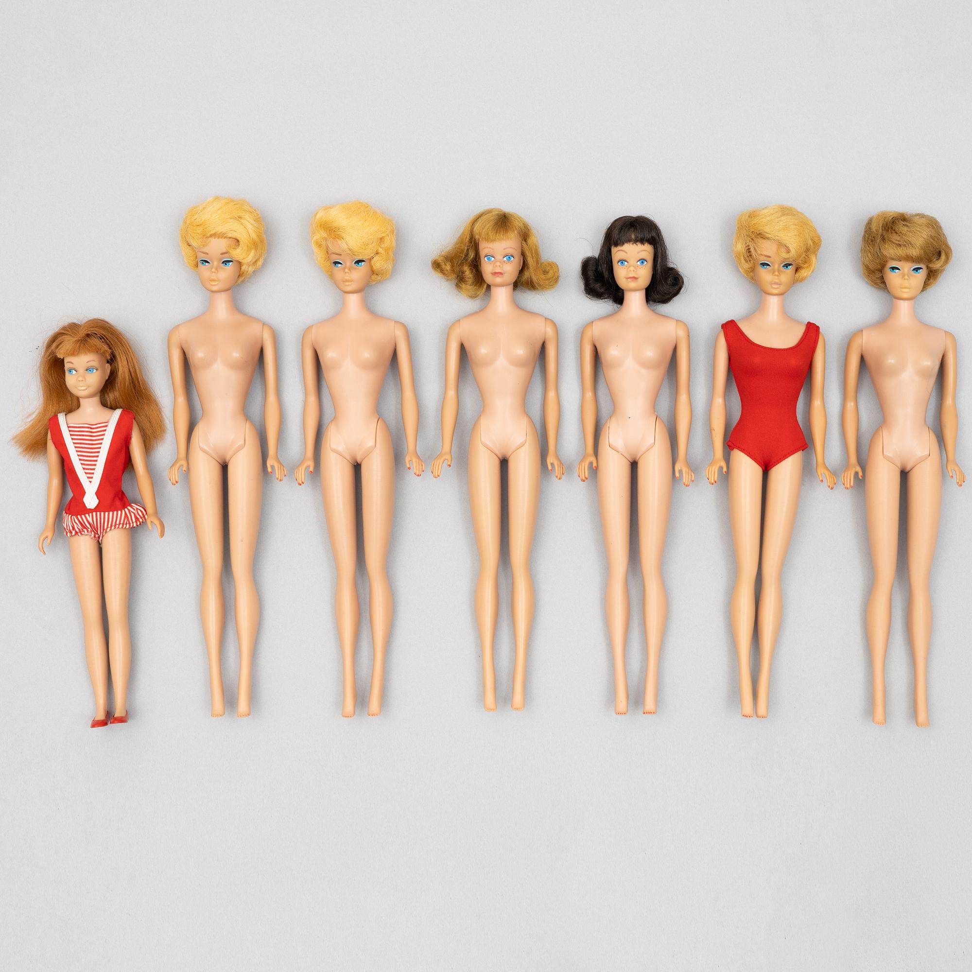 Barbiedockor, 7 st, bl a "Barbie Bubble cut", "Midge", & "Skipper", Mattel, 1960-tal.