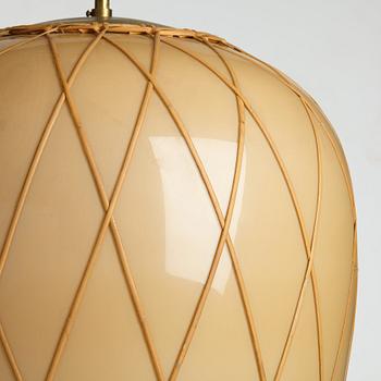 Harald Elof Notini, a vanilla coloured glass ceiling light with fretted rattan, Böhlmarks, Stockholm 1940's.