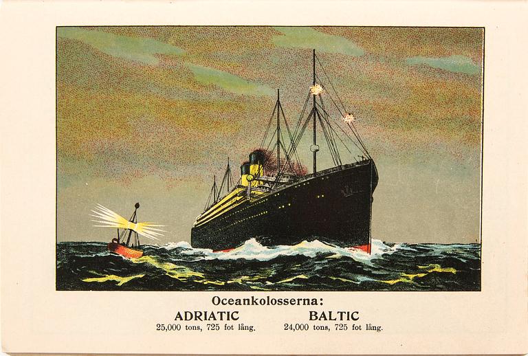 Broschyr "Hvita Stjernlinien" samt inramat foto av "Titanic".