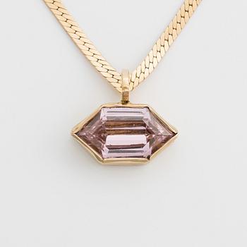 Necklace, gold with pendant featuring a rose-tinted stone.