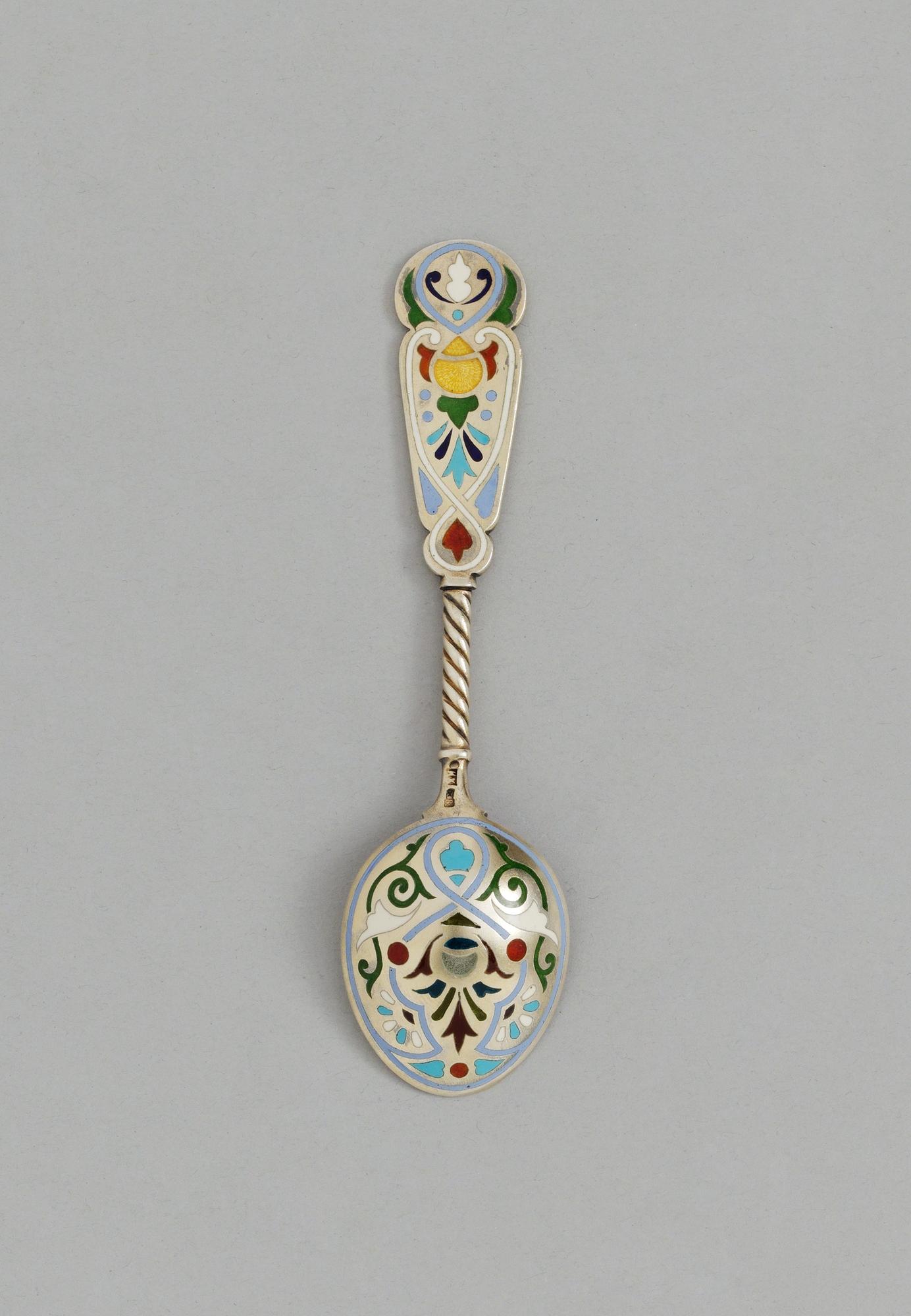 A RUSSIAN SILVER-GILT AND ENAMEL SPOON, makers mark of Petrovich Chlebnikov, Moscow 1908-1917.