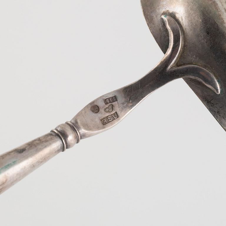 Three soup ladles and one gravy ladle, silver, Visby and Stockholm, Sweden, mid 19th century.