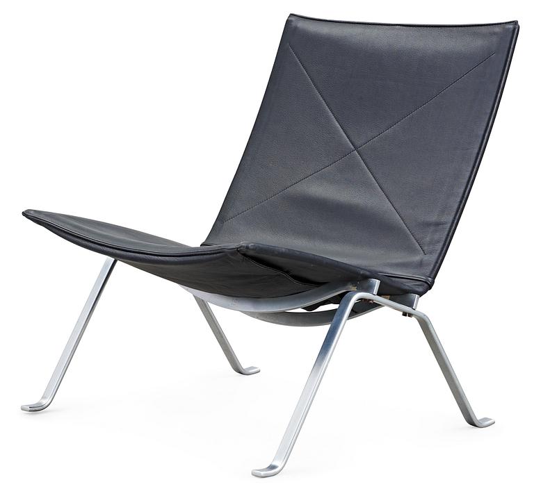 A Poul Kjaerholm "PK-22" black leather and steel easy chair, E Kold Christensen.
