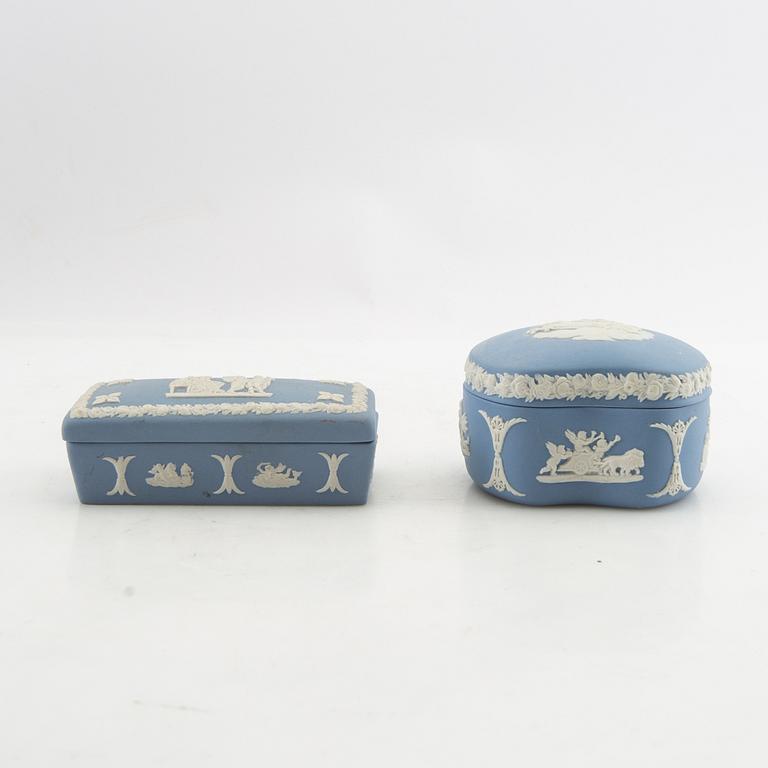 A collection of boxes, plates, etc. 8 dlrs, mostly Wedgwood England 20th century jasperware.