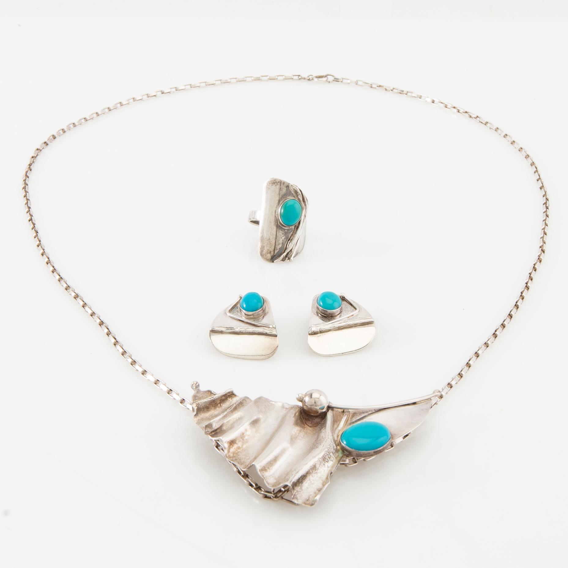 Necklace, ring and earrings of silver with turquoises, Avi Soffer Israel.