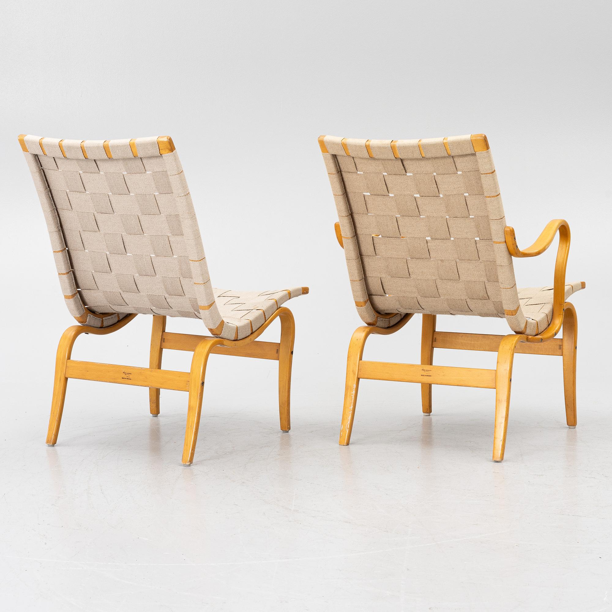 Bruno Mathsson, a matched pair of 'Eva' easy chairs, Firma Karl Mathsson, Värnamo, 1961.