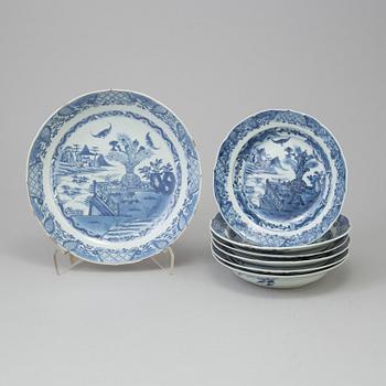 Seven Chinese blue and white dishes, Qing dynasty, Qianlong (1736-95).