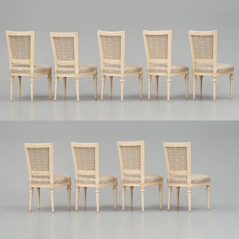 A set of nine Gustavian chairs by A Hellman (master in Stockholm 1761-94) and E Ståhl (master in Stockholm 1794-1820).