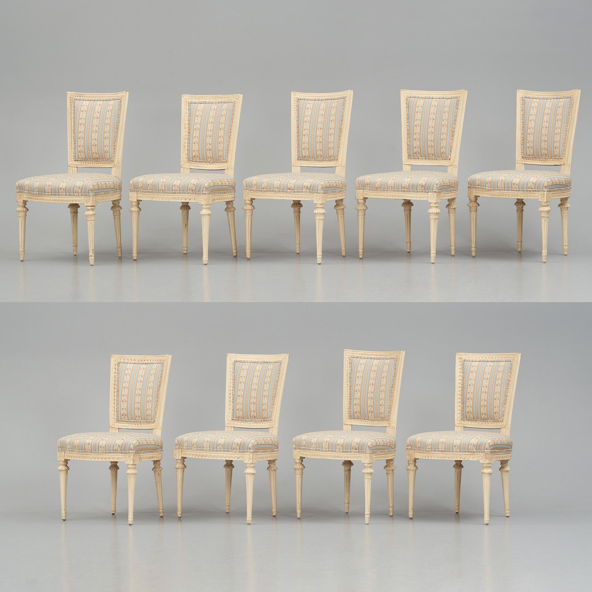 A set of nine Gustavian chairs by A Hellman (master in Stockholm 1761-94) and E Ståhl (master in Stockholm 1794-1820).
