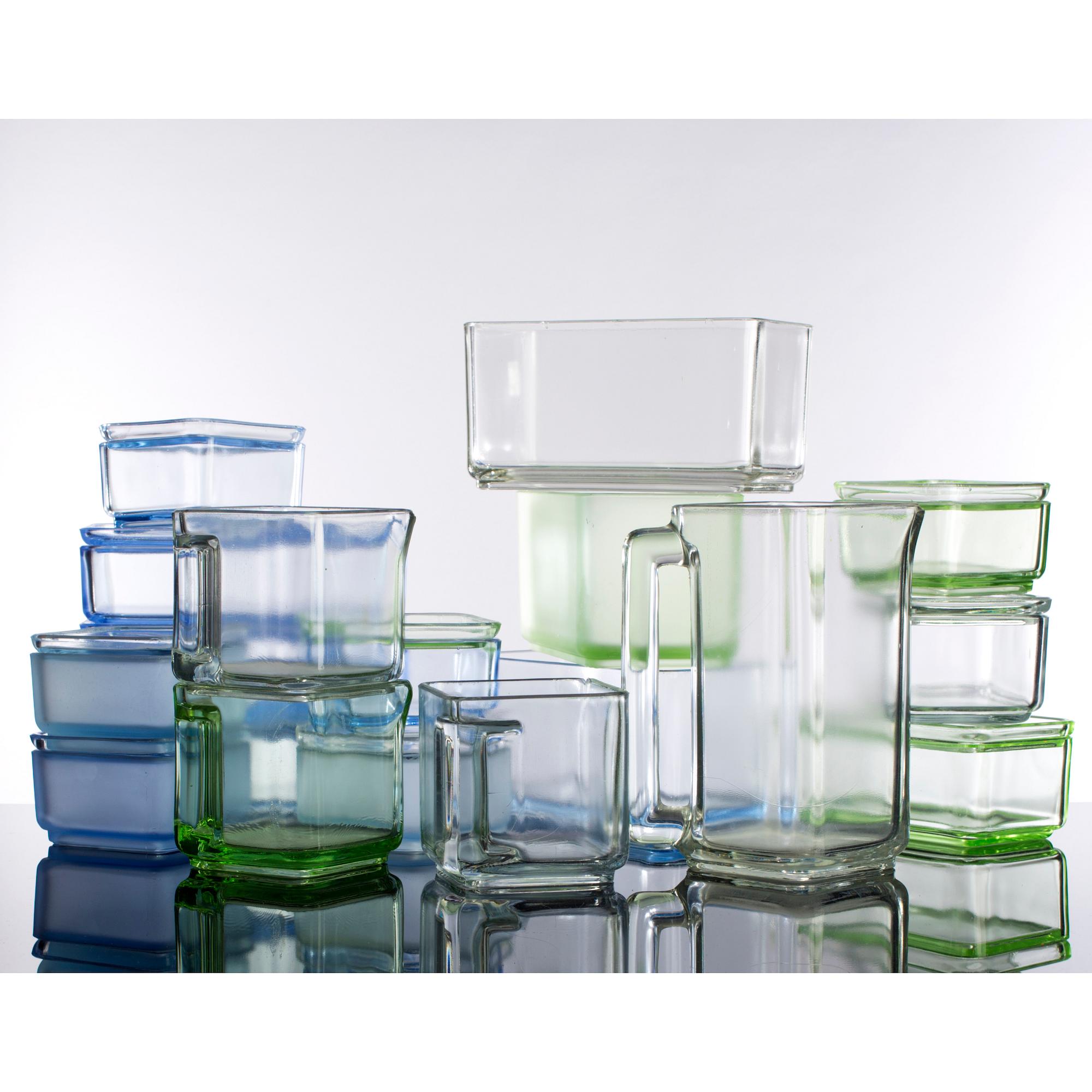 WILHELM WAGENFELD, förvaringskärl för kylskåp, "Kubus", 18 st, Vereinigte Lausitzer Glaswerke AG, Tyskland ca 1938.