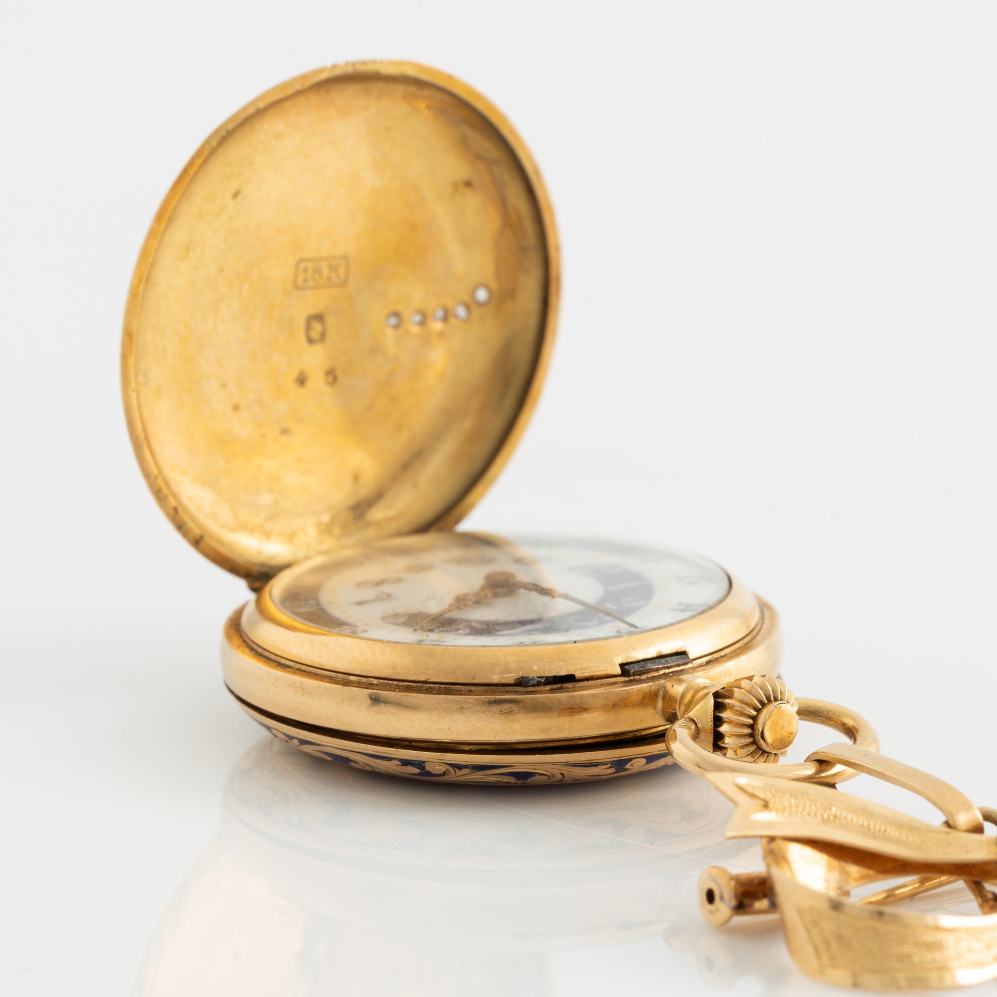 Pocket watch, 18K gold enamel, 29,5 mm.