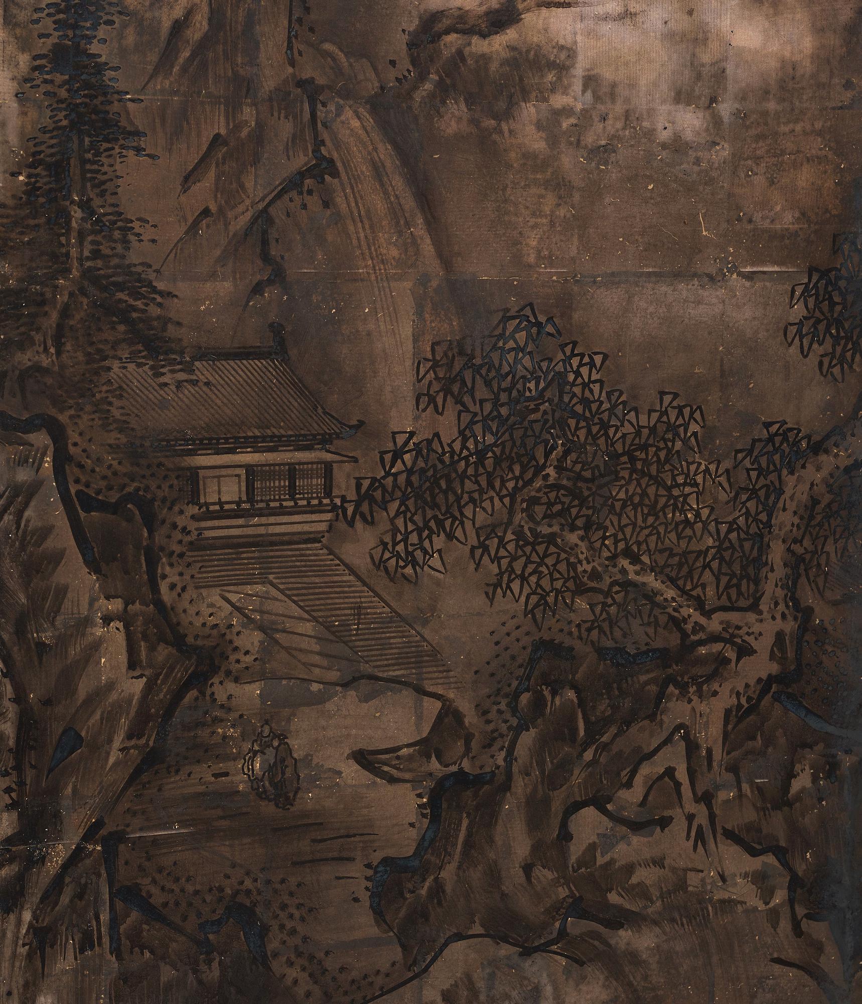 VIKSKÄRM, akvarell och tusch på papper. Japan, Meiji (1868-1912).