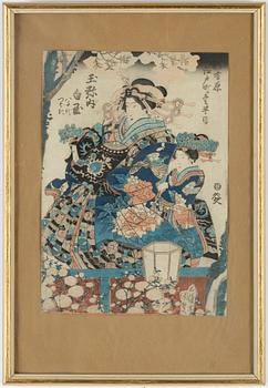 UTAGAWA KUNIYOSHI (1797/98-1861), samt OKÄND KONSTNÄR, färgträsnitt. Japan, 1800-tal.