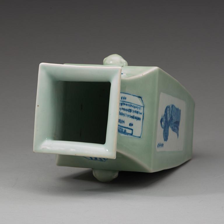 A celadon ground blue and white vase, late Qing dynasty.