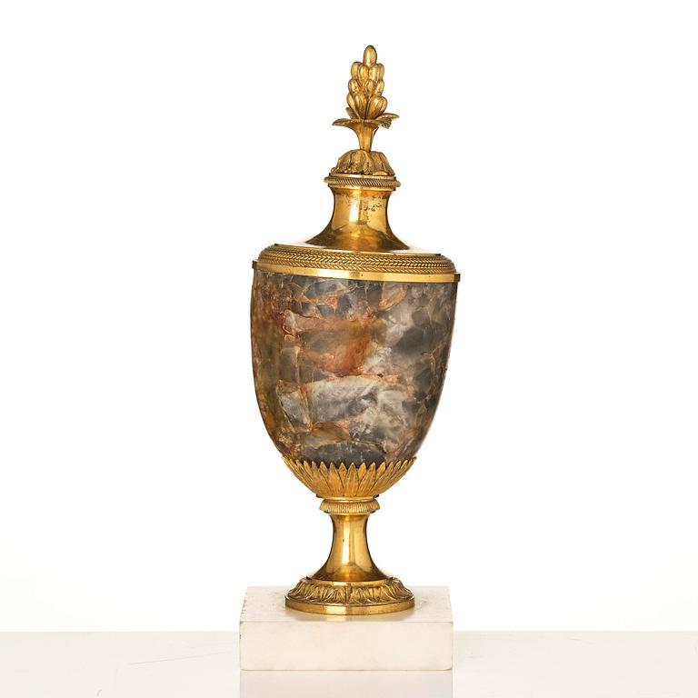 A George III Blue John, marble and ormolu urn, late 18th century.
