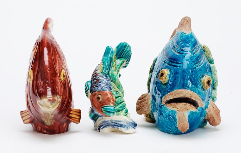 Three Gunnar Nylund stoneware figures of fishes, Rörstrand.
