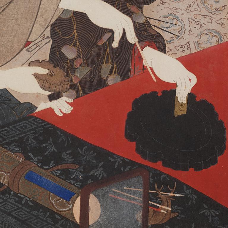 KATSUKAWA SHUNSHO (1726-1792), efter, färgträsnitt. Japan, tidigt 1900-tal.