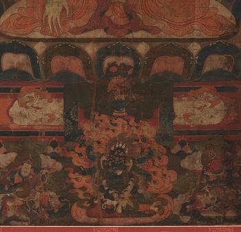 A Tibetan thangka of Shakyamuni Buddha with the eighteen  arhats, 18th century.