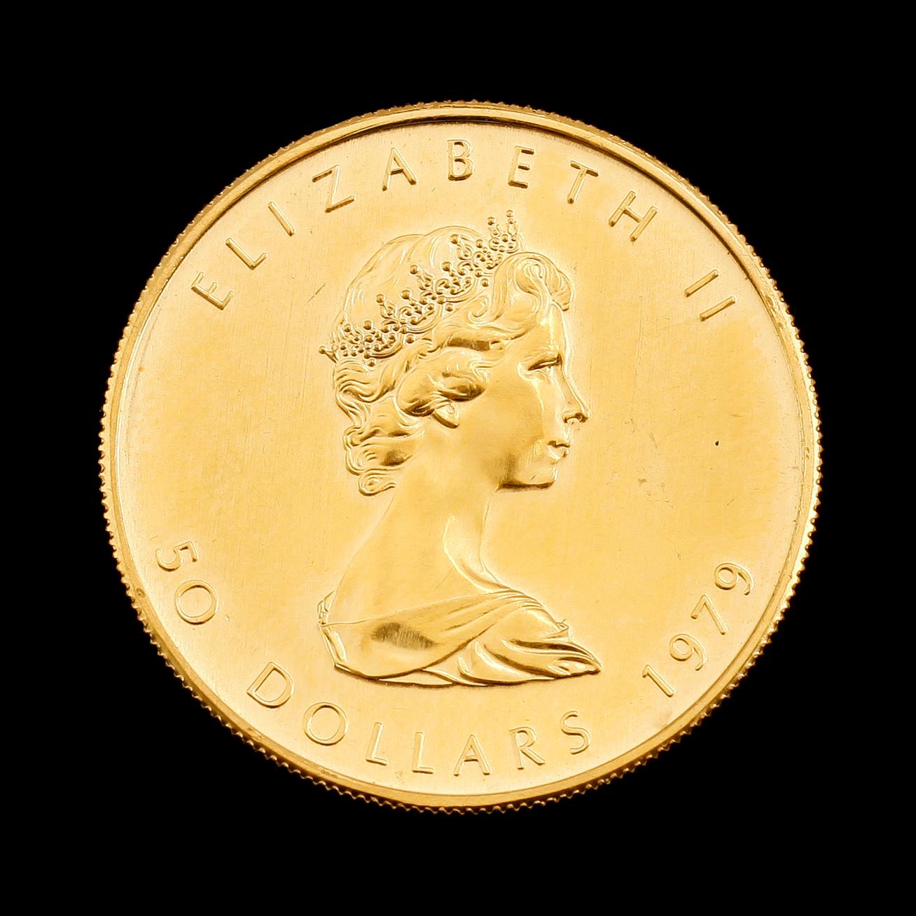 GULDMYNT, fine gold, 50 dollar, Elizabeth II, Canada, 1979. Vikt ca 31 gram.