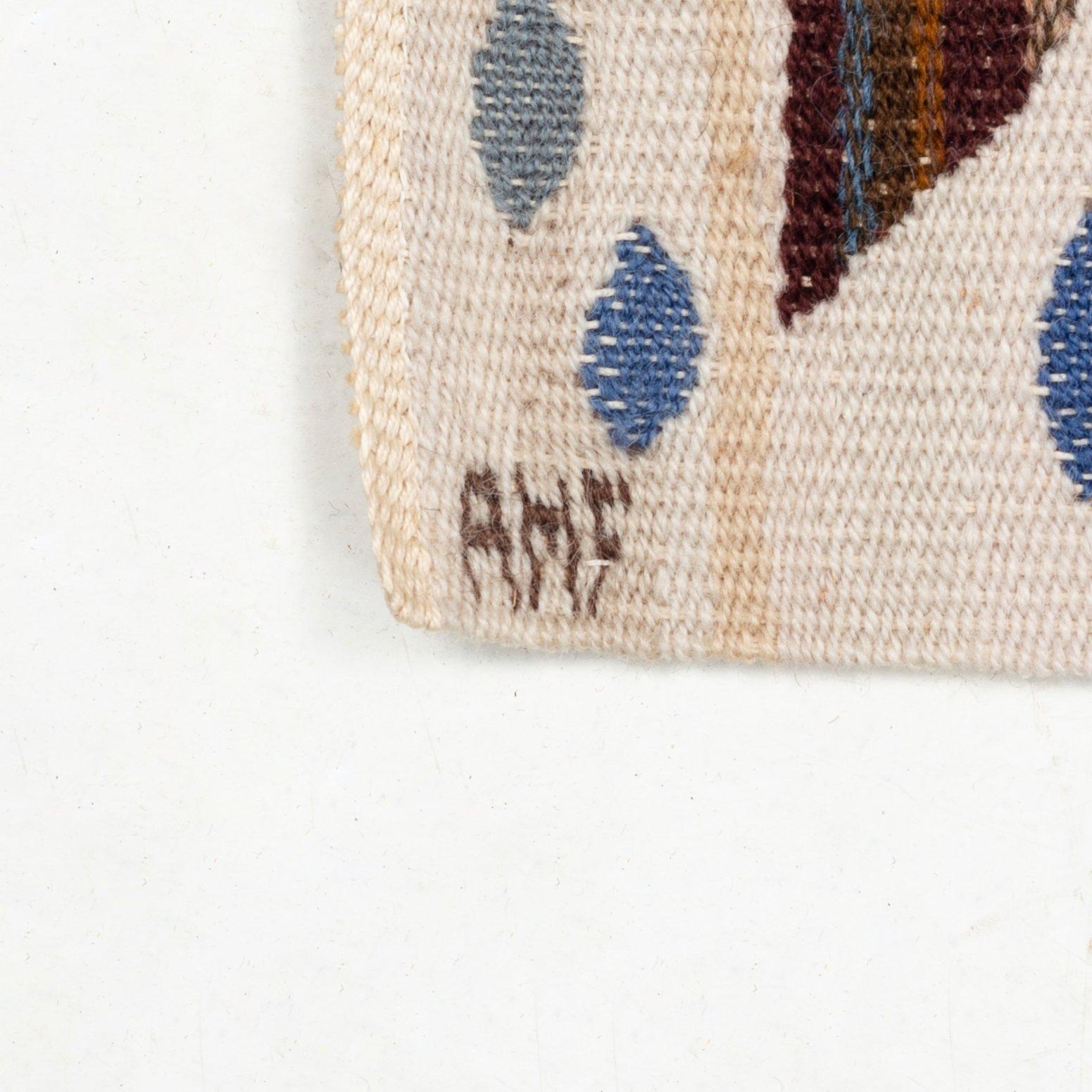 Ann-Mari Forsberg, a textile, "Blå crocus", a tapestry variant, ca 94,5 x 58 cm, signed AMF.