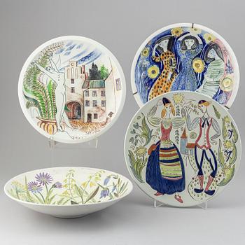 RÖRSTRAND, a set of 4 stoneware dishes, Carl-Harry Stålhane, Oskar Dahl, Sylvia Leuchovius, Sweden mid 20th century.