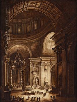 560. Louis Jean Desprez, Det brinnande fastlagskorset i St Peterskyrkan (Illumination de la Croix de Saint Pierre à Rome).