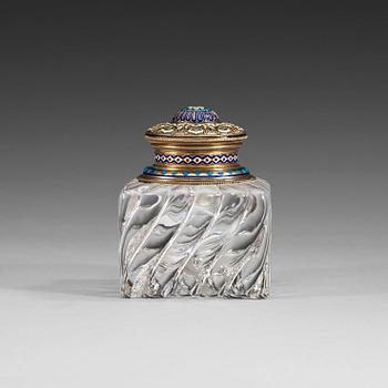728. A Russian late 19th century silver-gilt, enamel and glass ink-stand.