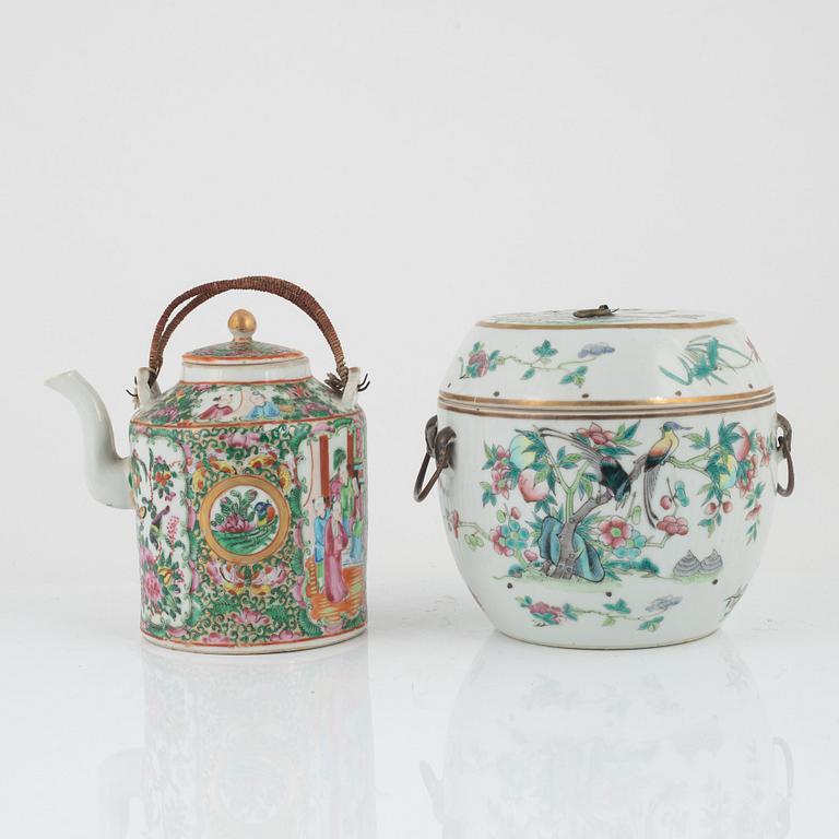 Tekanna, porslin, Kanton, och skål med lock, porslin, Kina, Qingdynastin, 1800-tal.