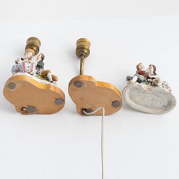 A pair of table lamps/porcelain groups, Vienna-like mark, circa 1900.