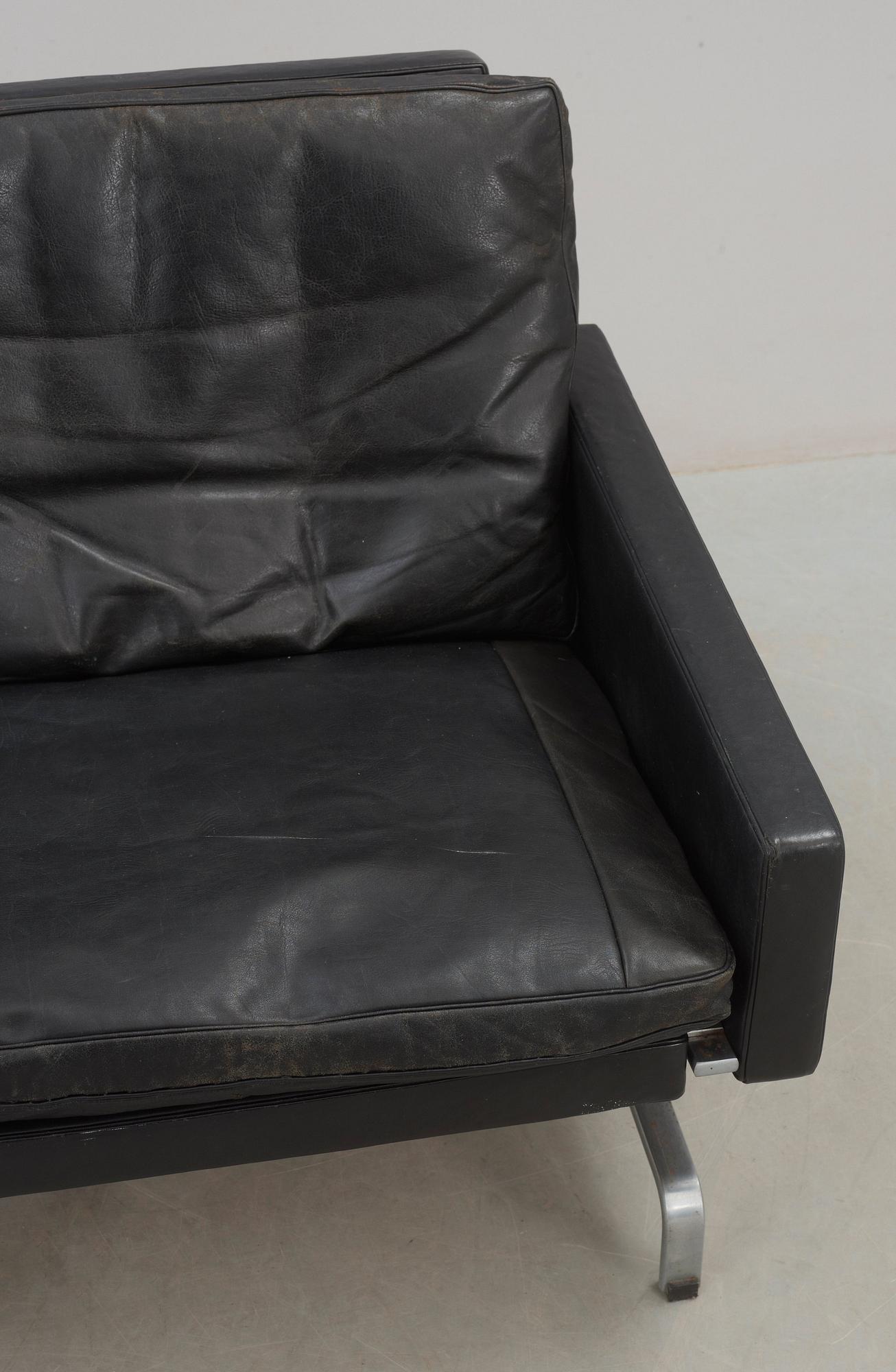 A Poul Kjaerholm 'PK-31-2' black leather and steel sofa, E Kold Christensen, Denmark.