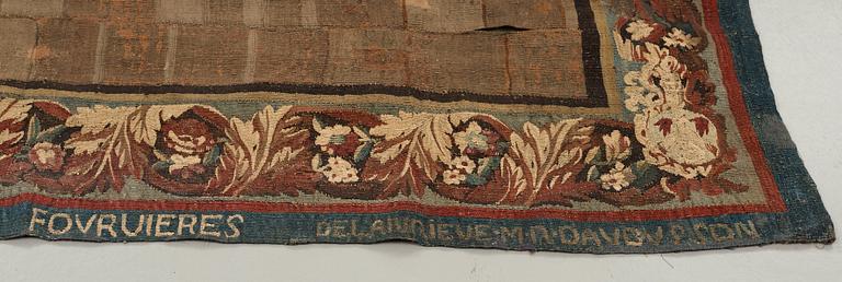 A TAPESTRY, tapestry weave, ca 299,5 x 212,5 cm, signed FOVRUIERES, 
DELANRIEVE.M.R.DABUSSON, Aubusson 17th century.