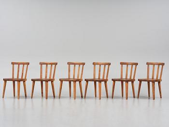 Axel Einar Hjorth, a set of six stained pine "Utö" chairs, Nordiska Kompaniet, Sweden, 1930s.