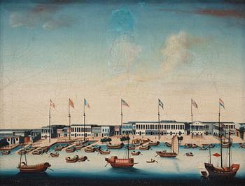 Målning, okänd konstnär, vy över Kanton. Qingdynastin, omkring år 1800.