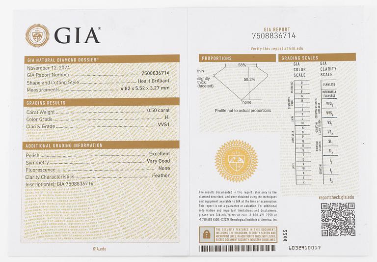 Örhängen, 18K vitguld med hjärtformade briljantslipade diamanter totalt 1 ct, medföljande GIA dossier.