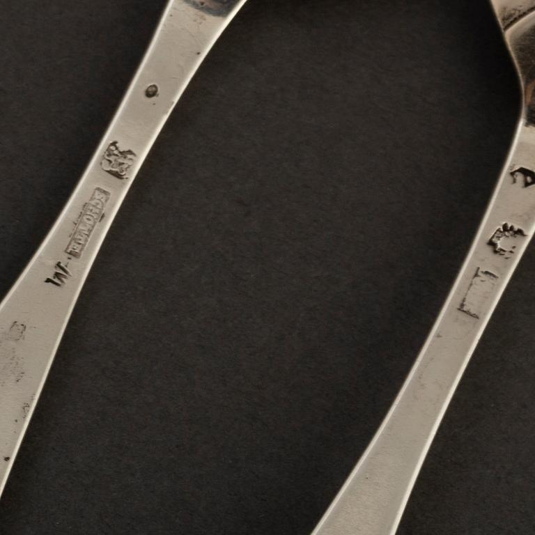 7 silver spoons, 18th century. One by Alexander Prytz, Strängnäs 1794.