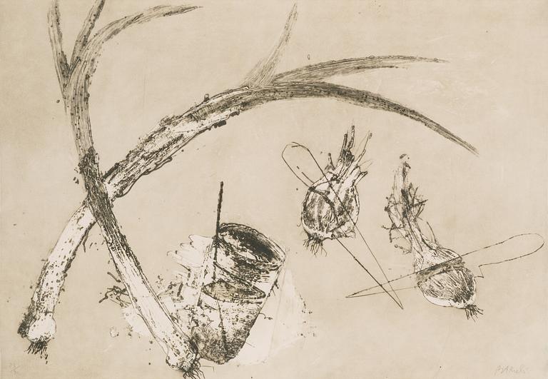 Miquel Barceló, "Tres Bodegones: Puerros, cebollas, cuchillos y vaso".
