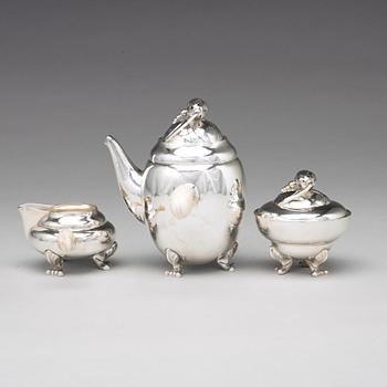 Georg Jensen, a three pieces of "Blossom" sterling silver coffee service, Copenhagen 1933-51, design nr 2A and 2C (sugar bowl).