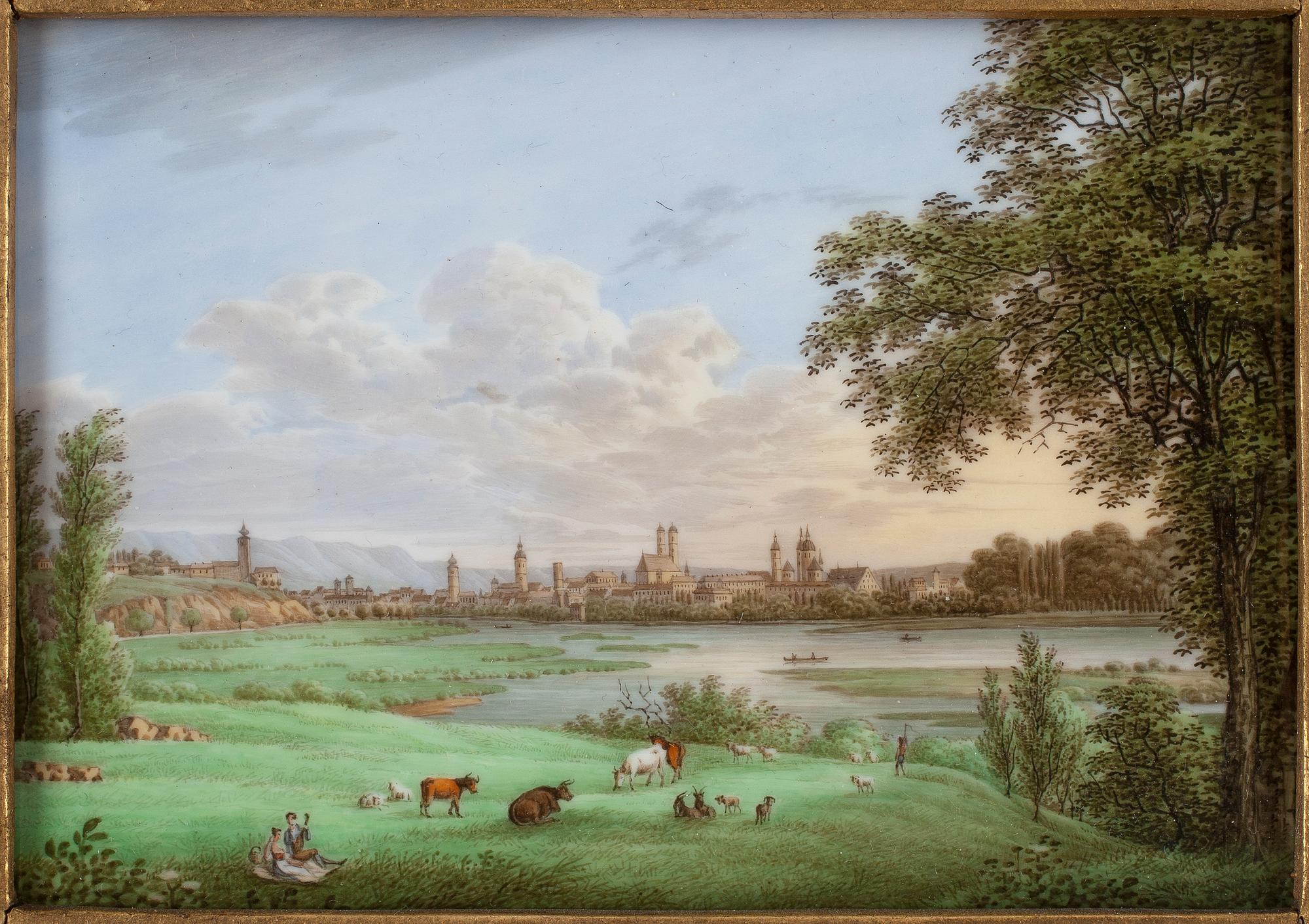 PLAKETT, porslin. Tyskland, 1800-talets första del. Märke. Vy över "München".