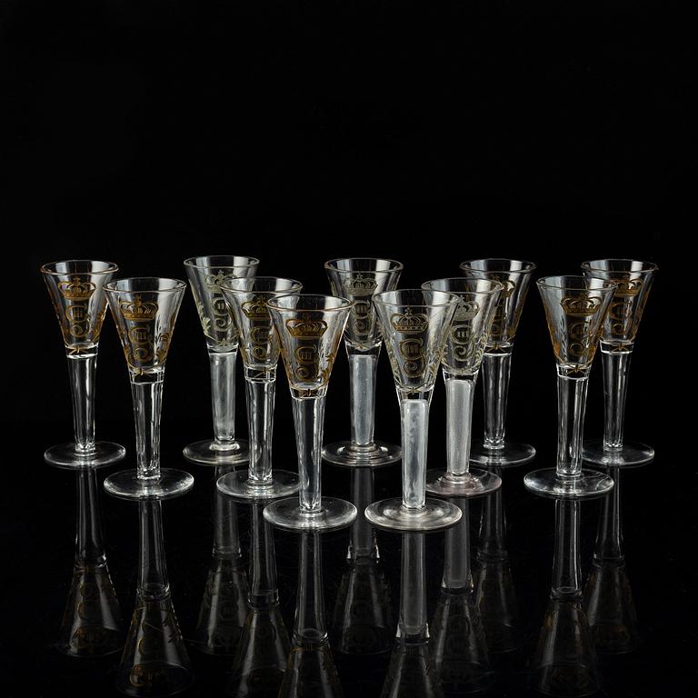 A set of 11 glasses with Gustavus III's monogram, 20th Century.