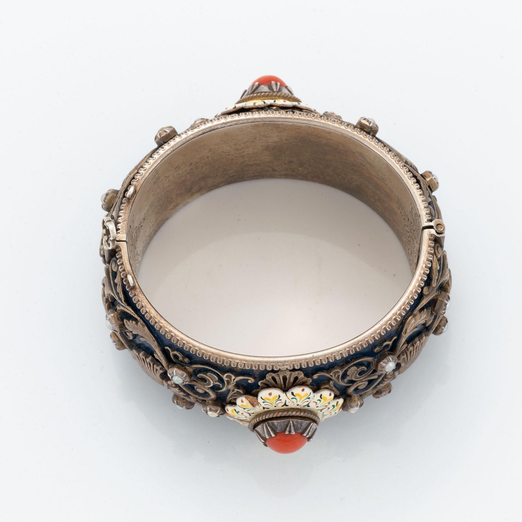 Silver, pearl and coral bangle.