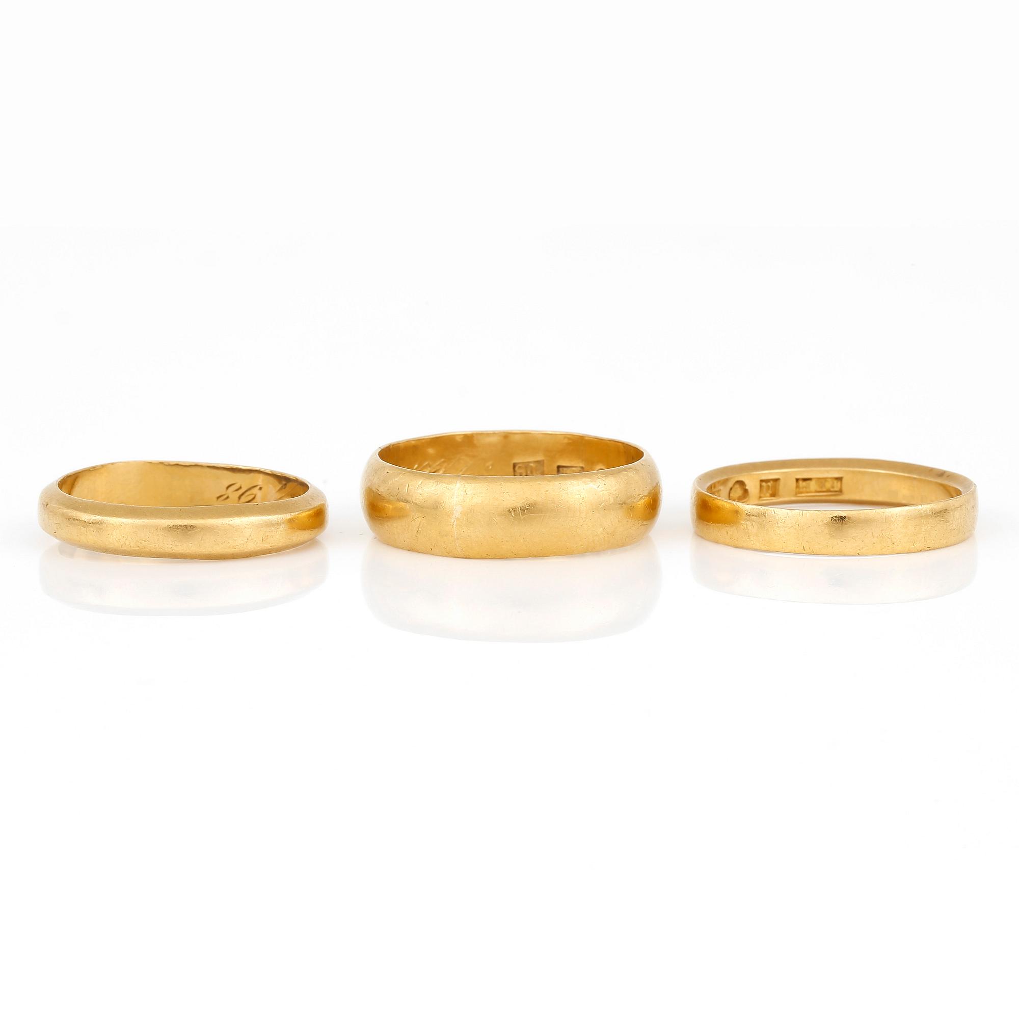 RINGAR, 3 st, Uppsala, 1890-tal, 23K guld.