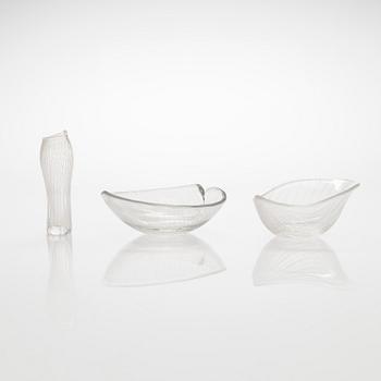 Tapio Wirkkala, a set of three mid-20th century, small line cut art glass objects, signed, Iittala.