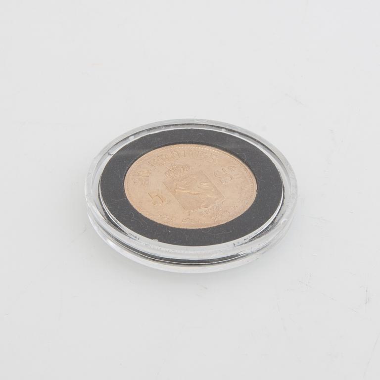 Guldmynt Norge, Oscar II 20 kr 5 Speciedaler, 1874.