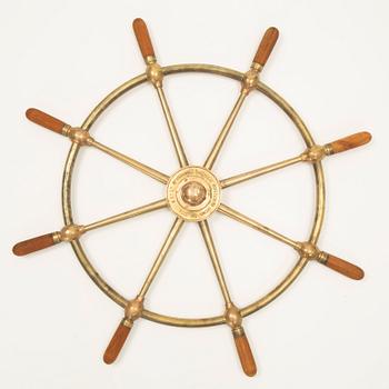 Skeppsratt, mässing och teak, märkt Brown Bros & Co Ltd, Rosebank Ironworks Edinburgh, 1900-tal.