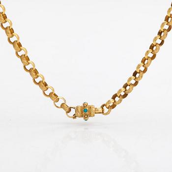 An 18K gold necklace and bracelet, belcher chain with turquoises. Oskar Lindroos, Helsinki 1963.