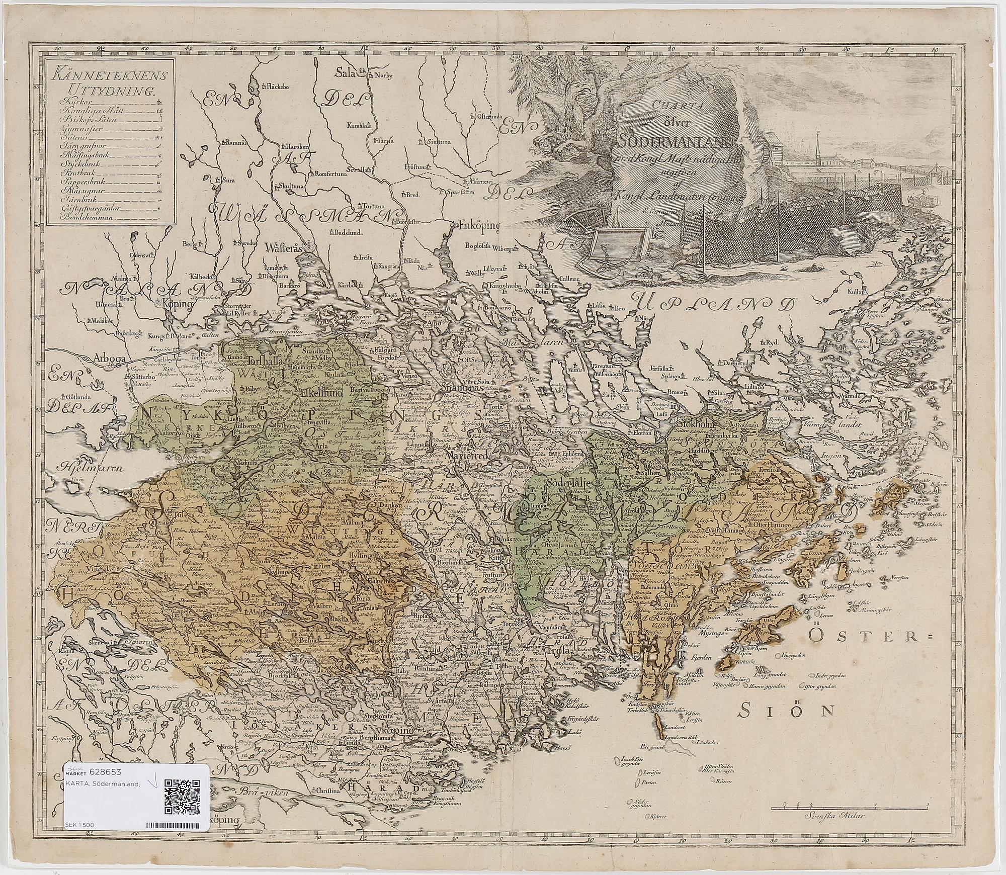 KARTA, delvis kolorerat kopparstick, 1700-tal.