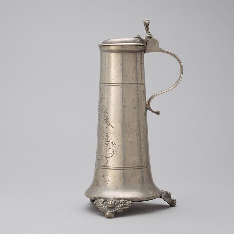 A Baroque 18th century, probably German, pewter jug.