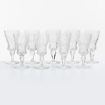 Vicke Lindstrand, nine 'Dalecarlia' sherry glasses, Kosta Boda.