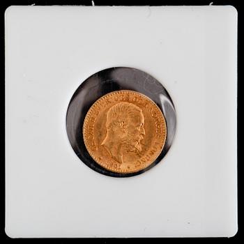 GULDMYNT, 10 kronor, Oscar II, 1901. Vikt ca 4 gram.
